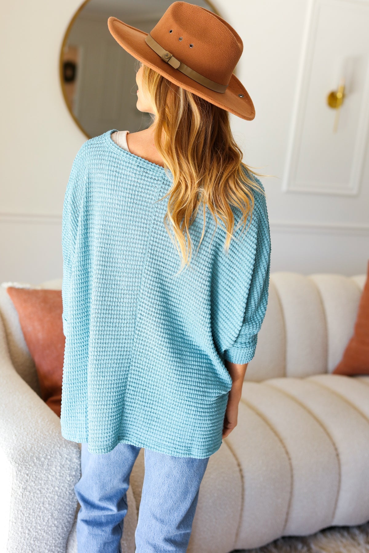 Just My Type Dusty Teal Jacquard Hi-Low V Neck Sweater