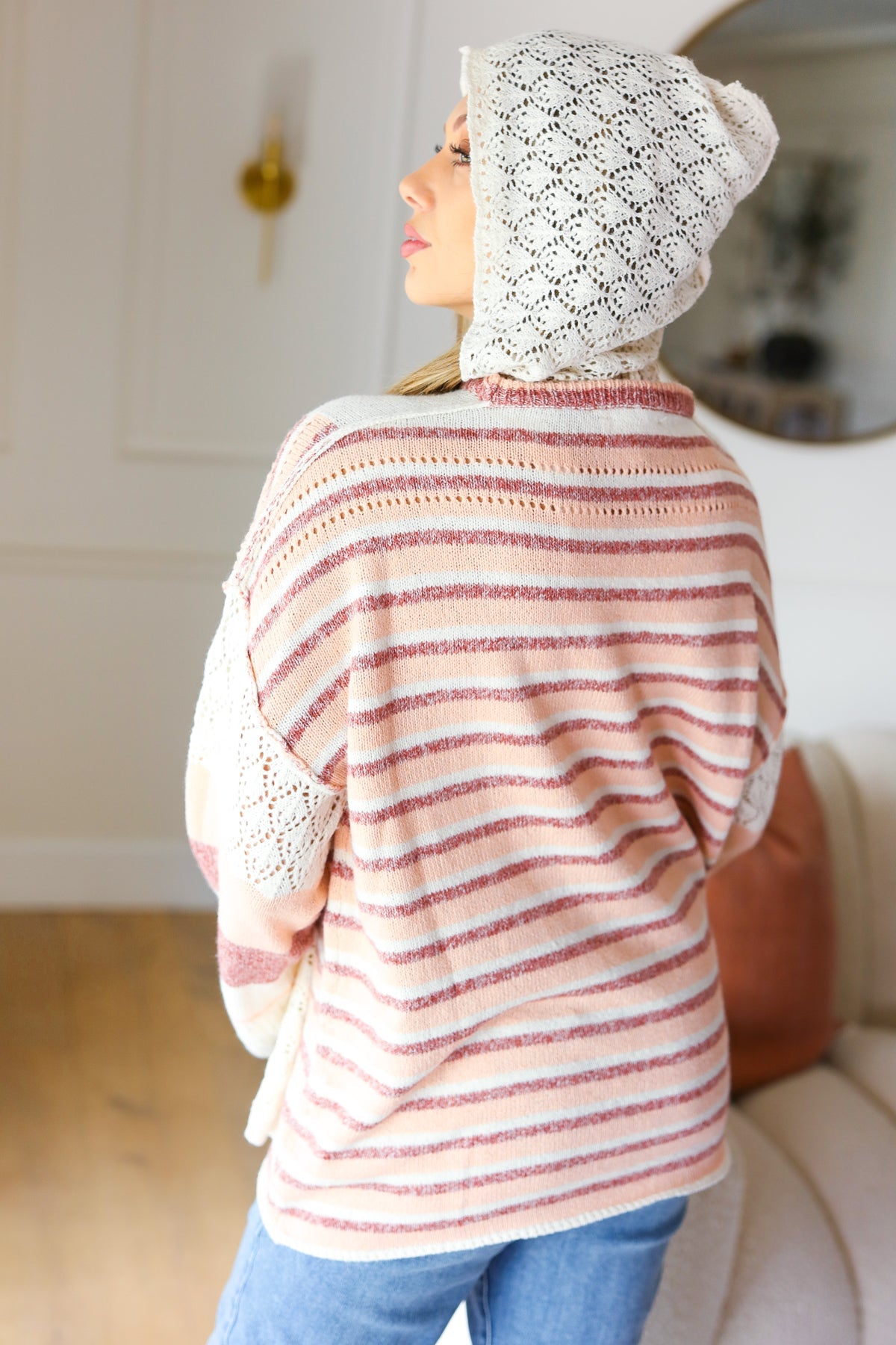 Look of Love Oatmeal & Peach Color Block Crochet Hoodie