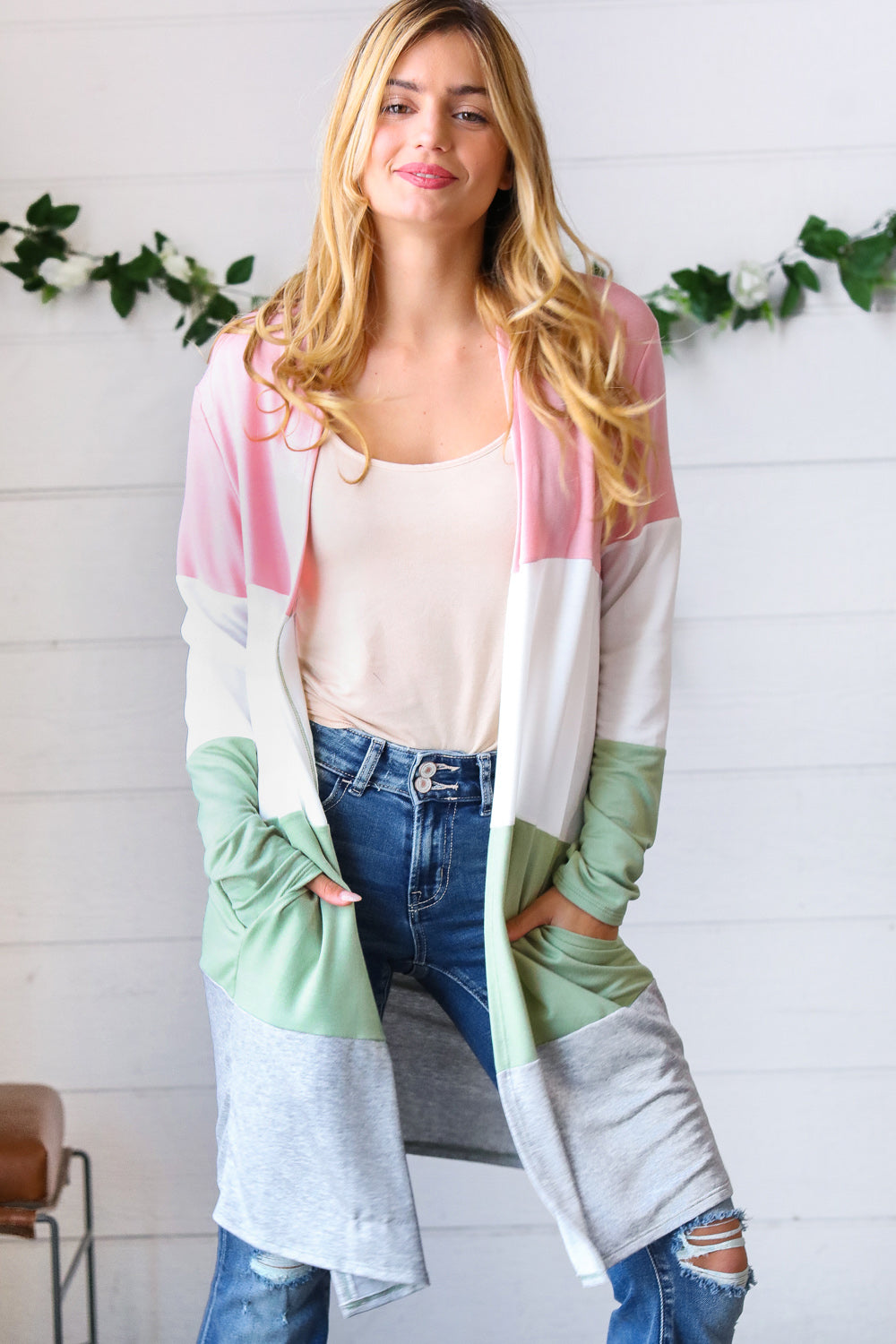 Sage Wide Stripe Terry Color Block Open Cardigan