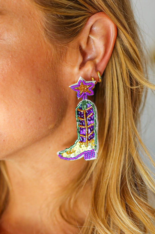 Mardi Gras Sequin & Beaded Cowboy Boot Dangle Earrings