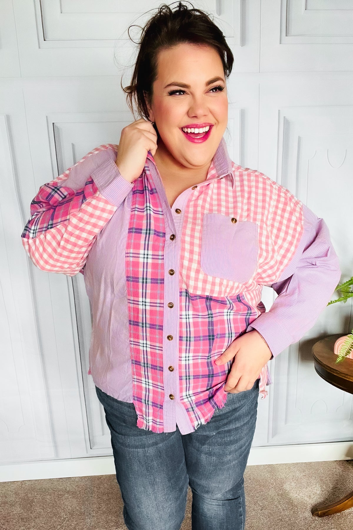 Everyday Bliss Pink & Navy Plaid Color Block Button Down Top