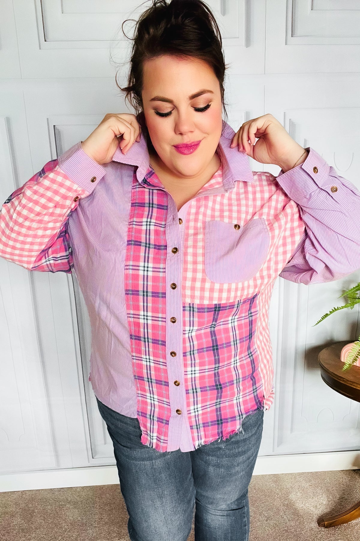 Everyday Bliss Pink & Navy Plaid Color Block Button Down Top