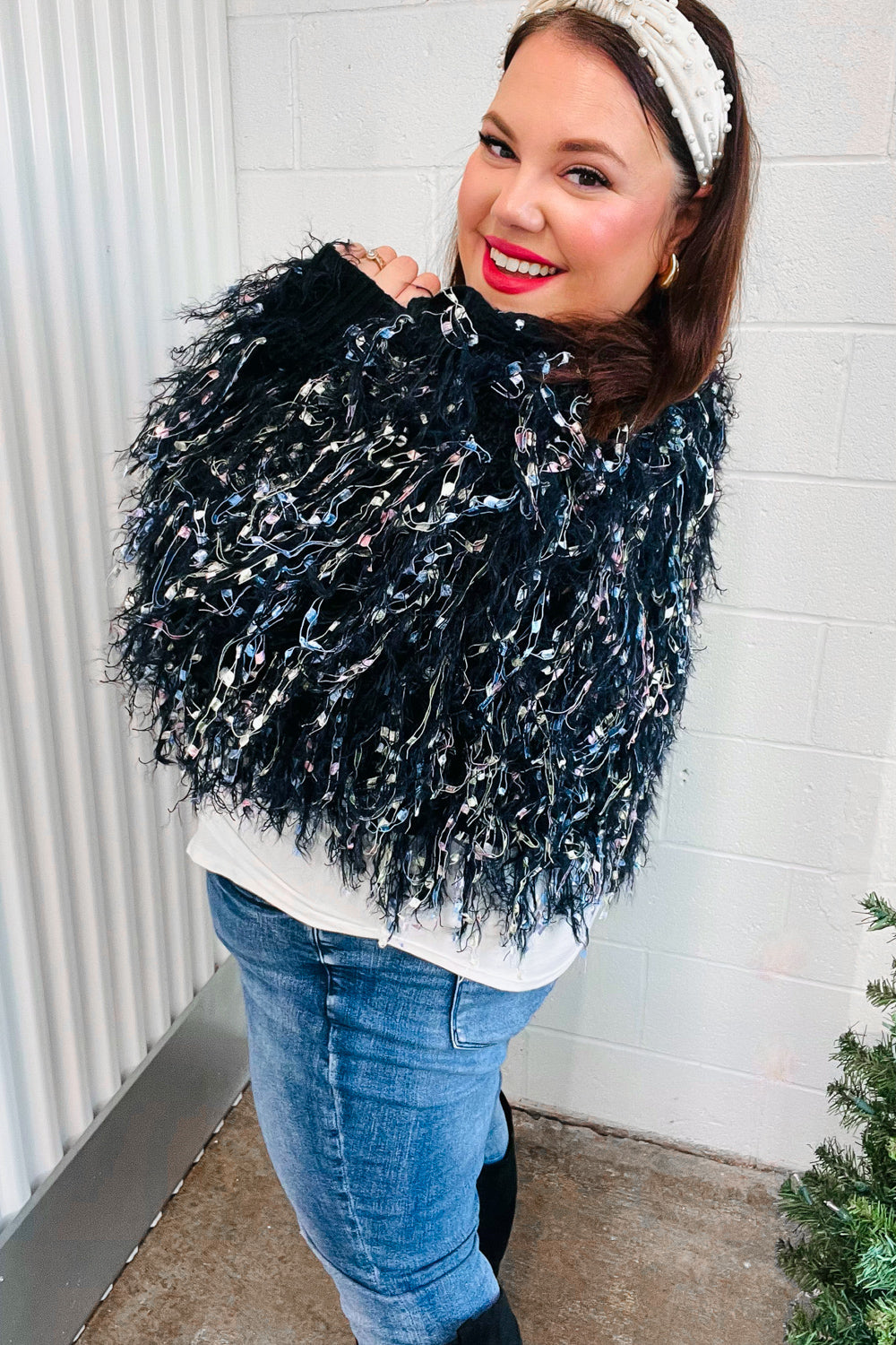 Dazzling Black & Multicolor Fuzzy Fringe Knit Cardigan